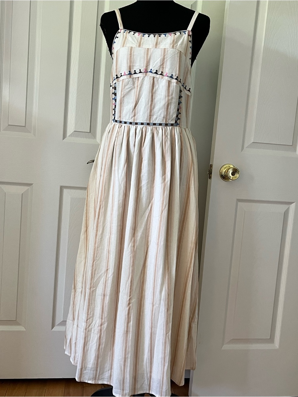 Umgee Cream Tan Striped Maxi Dress Embroidered Trim NWT